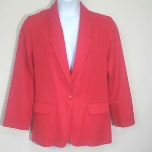 Liz Baker Red Blazer Oversized Relaxed Fit Button Pockets Classic Power Jacket